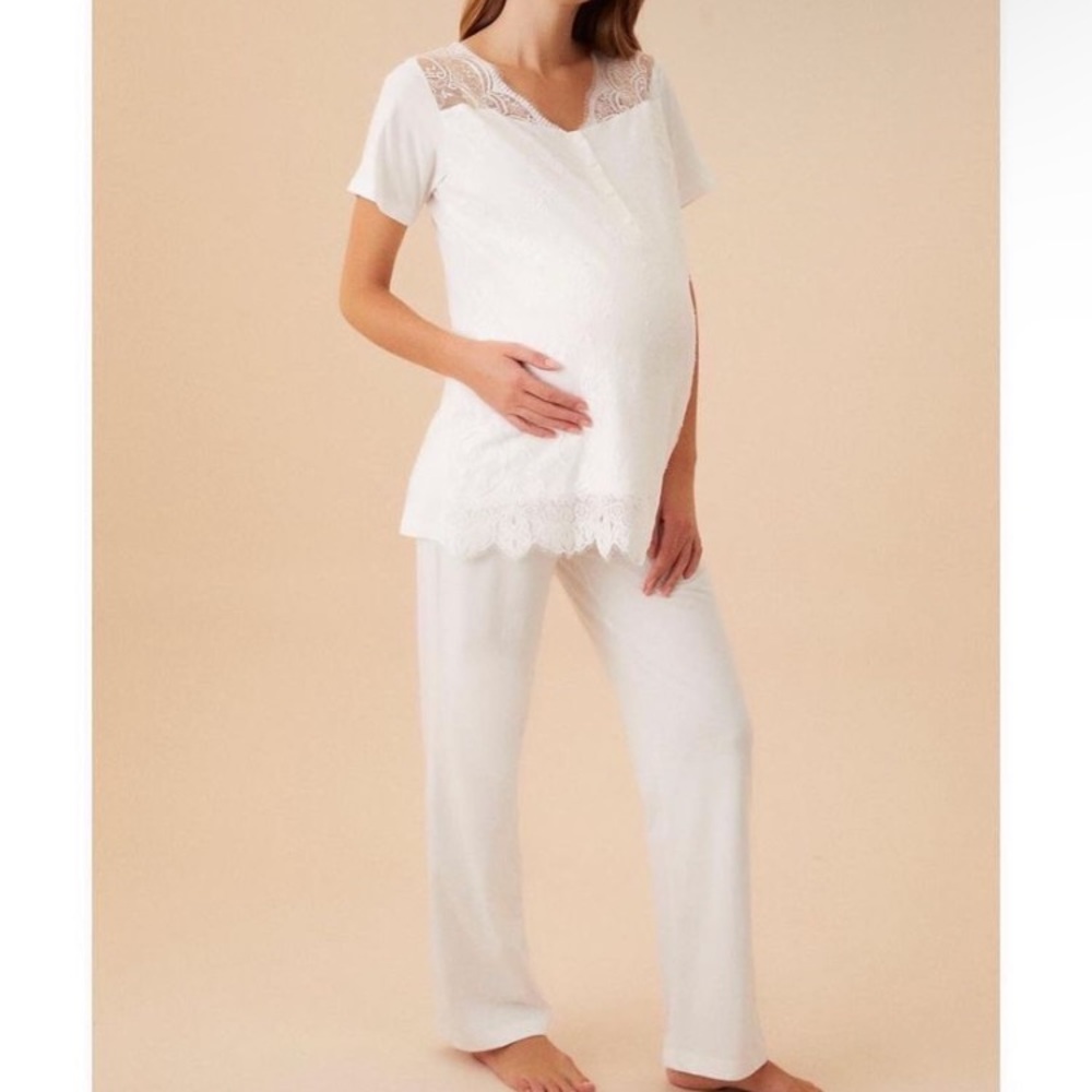 White Two Piece Maternity Pj Set